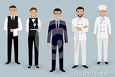 Restaurant team young characters. Manager standing with chef, cook and two waiters in uniform. Vector Illustration