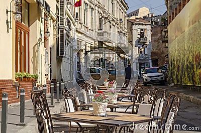 Restaurant terrace in Bucharest old town Editorial Stock Photo