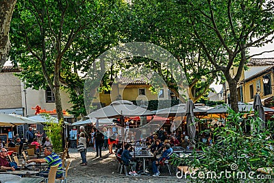 Restaurant terrace in Carcassonne, a hilltop town in southern France, is an UNESCO World Heritage Site Editorial Stock Photo