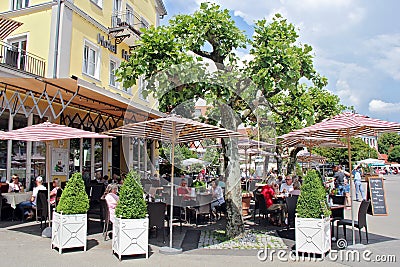 Restaurant Terrace in Old Town Streets of Lindau Editorial Stock Photo
