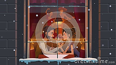 Restaurant. Valentine`s Day. Guy and the girl a romantic meeting at themed Mexican restaurants. Vector Illustration