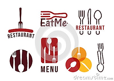 Restaurant vector logo set, flat cartoon style. Fork, knife and spoon, barbecue sausage, modern graphics for restaurant Vector Illustration