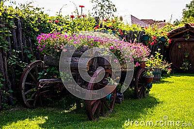 Restaurant in a vintage yard with wooden house, beautiful garden and much retro details Editorial Stock Photo