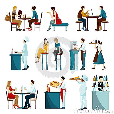 Restaurant Visitors Flat Icons Set Vector Illustration