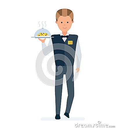 Restaurant waiter, in branded clothes takes order, brings a dish. Vector Illustration