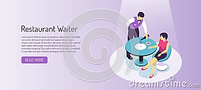 Restaurant Waiter Isometric Horizontal Banner Vector Illustration