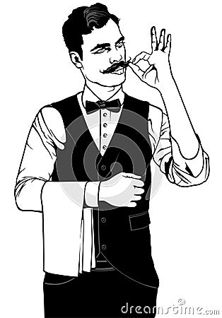 Restaurant Waiter Showing Delicious Vector Illustration