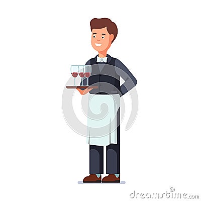 Restaurant waiter wearing apron and holding tray Vector Illustration