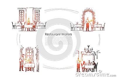 Restaurant waiters - waiters in restaurants getting orders and bringing food vector concept set Vector Illustration