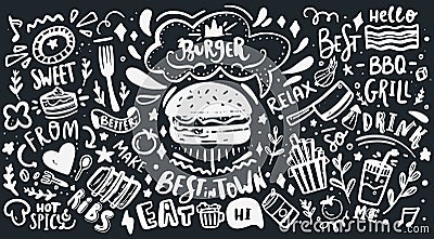 Restaurant Wall typography. Vector Food BBQ background, motivational cafe menu with lettering on chalkboard Vector Illustration