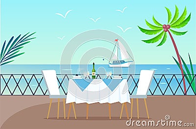 Restaurant on Wooden Pier Served Table and Seaside Vector Illustration