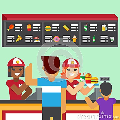 Restaurant workers serving fast food meals with smile. Vector Illustration