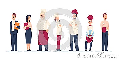 Restaurant workers. Standing people work in cafe. Waiter and chief, administrator and kitchen staff wear uniform. Career Vector Illustration