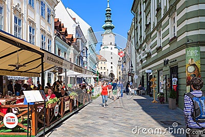 Restaurants on Michalska street in Bratislava Editorial Stock Photo