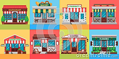 Restaurants and shops facades. Old shop building, market store and restaurant buildings exterior flat vector Vector Illustration