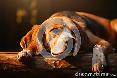 Restful beagle veteran, paws cradle head, amidst a gentle setting Stock Photo