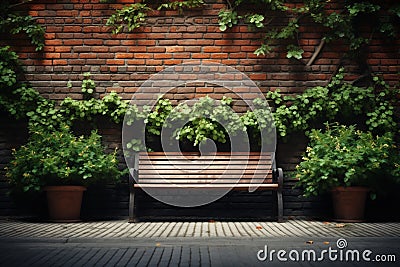 Restful brick wall backdrop embraces a bench amid verdant foliage Stock Photo