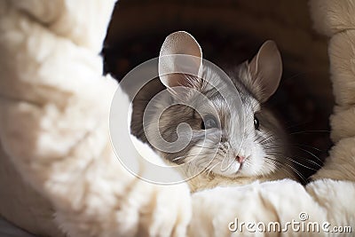 Restful Chinchilla Settles In Fluffy Fleecelined Sleeping Nook. Generative AI Stock Photo