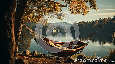 resting at camping woman laying in hammock with beautiful view of forest lake. generative ai Stock Photo