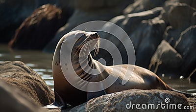 Resting feline mammal, cute fur seal, sleeping on coastline generated by AI Stock Photo