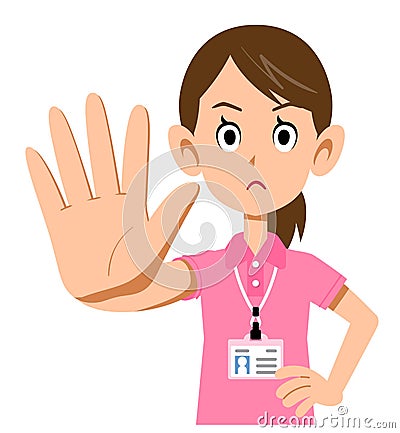 Resting gestures of female staff wearing name tags in short-sleeved polo shirts Vector Illustration