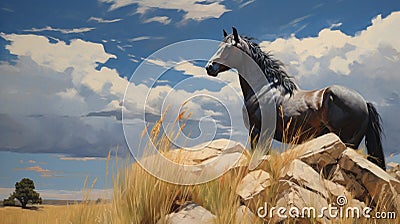 Resting Horse On Rock: A Majestic Scene Of Nature Stock Photo
