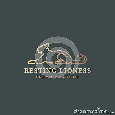 Resting Lioness Abstract Vector Sign, Emblem or Logo Template. Line Style Gracefull Lying Lioness Silhouette with Vector Illustration