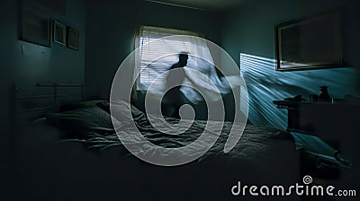 A restless night: A silhouette against a dark room, curtains billowing, the turmoil of sleeplessness palpable. Stock Photo