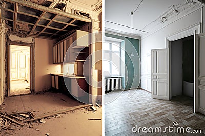 Before and After Restoration or Refurbishment: Exploring Renovation Concepts for an Apartment. Generative AI Stock Photo