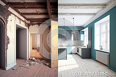 Before and After Restoration or Refurbishment: Exploring Renovation Concepts for an Apartment. Generative AI Stock Photo