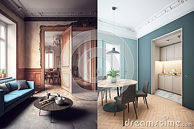 Before and After Restoration or Refurbishment: Exploring Renovation Concepts for an Apartment. Generative AI Stock Photo