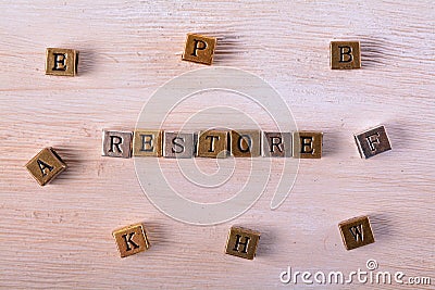Restore word metal block Stock Photo
