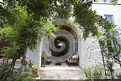 Restored Antique Town House With Yard Stock Photo