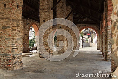 Restored brick colonnade to house the city market, italian middleage style Stock Photo