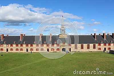 Restored Fortress of Louisbourg the courtyard surrounded by walls and the barracks Editorial Stock Photo