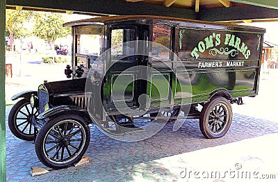 RESTORED MODEL T FORD DELIVERY BOBTAIL TRUCK ON PERMANENT DISPLAY AT TOM`S FARMS IN CORONA, CALIFORNIA * 2014 Editorial Stock Photo