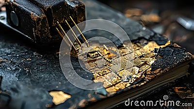 Restoring history a closeup of a stapler fixing torn pages on a burned notebook workspace macro textured repair concept Cartoon Illustration