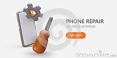 Restoring phones. Popular brands smartphones repair. Vector banner with 3D elements Vector Illustration