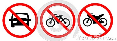 Restricted prohibit car motorcycle bike bicycle motorbike not allowed road sign crossed circle red white Vector Illustration