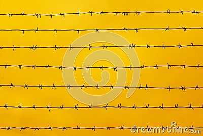 Restriction of liberty, prison, barbed wire. Fence with metal cables with spikes against the sunset sky Stock Photo