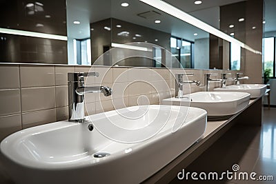 Restroom concept Modern public bathroom with row of white sinks Stock Photo