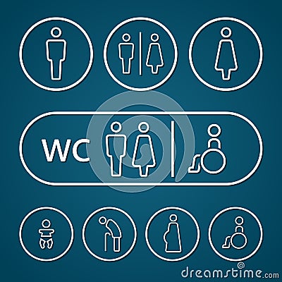 Restroom male female pregnant cripple oldster and baby sign outline stroke Vector Illustration