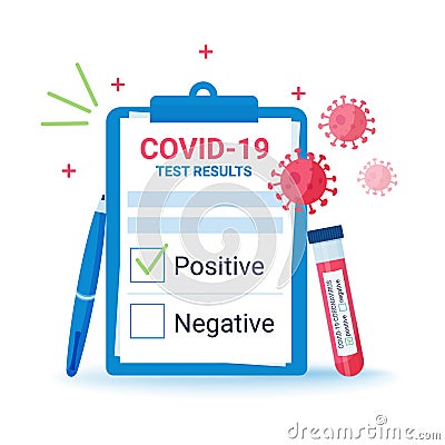 The results of the CAVID-19 test for coronavirus are positive or negative. Blank blank. With flying virus molecules. Vector Illustration