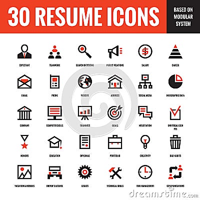 30 resume creative vector icons based on modular system. Set of 30 business concept vector icons. Vector Illustration