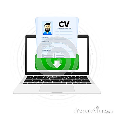 Resume. CV file download. We are hiring. Search for professional staff. Analysis of staff resumes. Job interview Vector Illustration