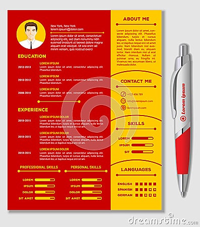 Resume and CV Template with nice minimalist design and Realistic Pen. Vector Illustration