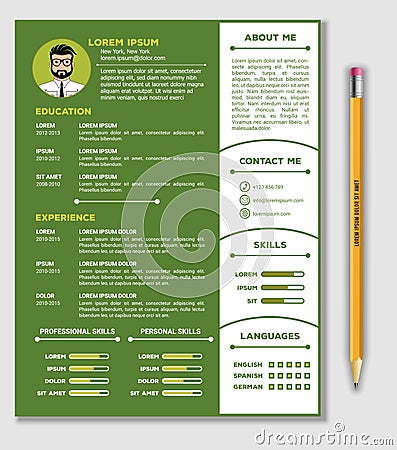 Resume and CV Template with nice minimalist design and Realistic Pencil. Vector Illustration