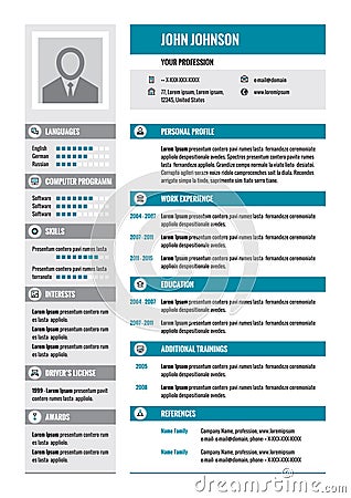 Resume - CV - vector concept layout in A4 format. Business resume - vector template. Modern resume template in gray and blue color Vector Illustration