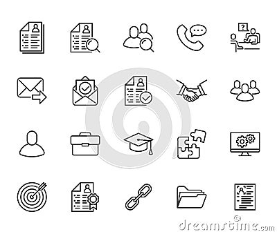 Resume flat line icons set. Hr human resources, job application, interview employee profile, teamwork, work experience Vector Illustration