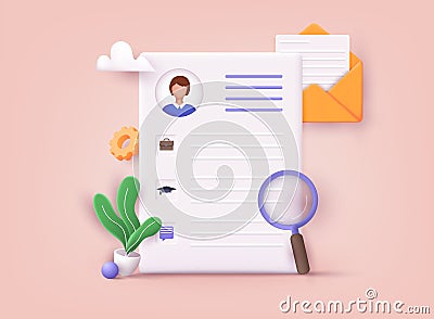 Resume. Human resource management and hiring concept. Job interview, recruitment agency. 3D Vector Illustrations Vector Illustration